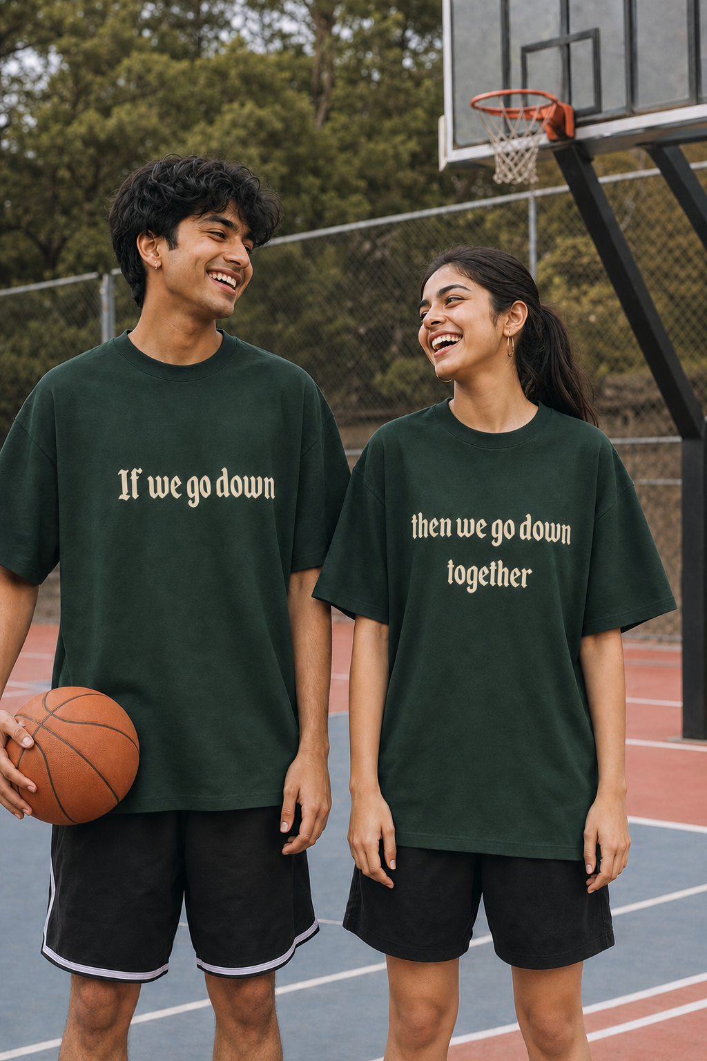 IF WE GO DOWN, THEN WE GO DOWN TOGETHER PERSONALISED UNISEX MATCHING T-SHIRTS - SET OF 2