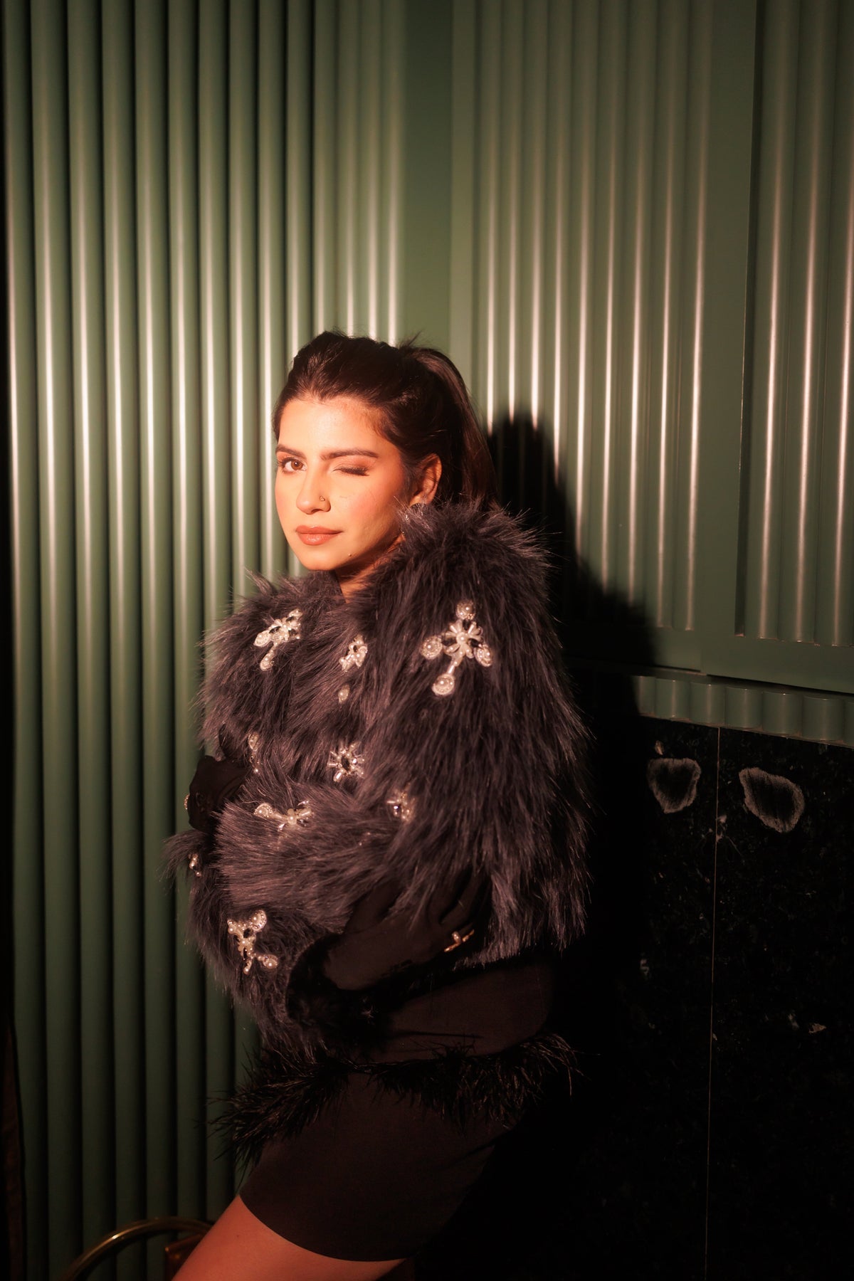 Grey Faux Fur Swarovski Hand Embroidered Crop Jacket – photo 4