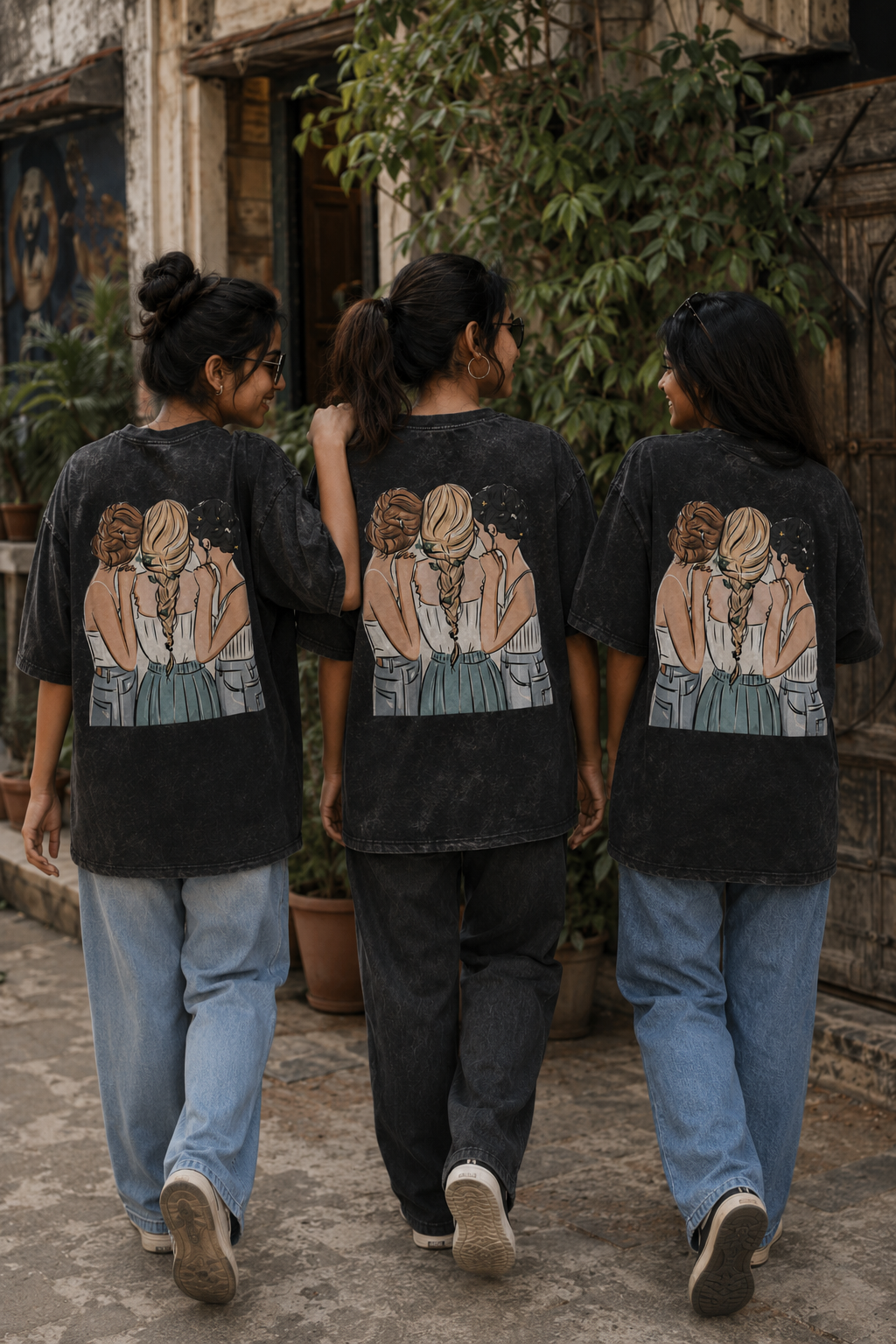 #BFFs Forever Women's Matching T-Shirts – Oversized, Acid Washed, shown on 3 friends, back view