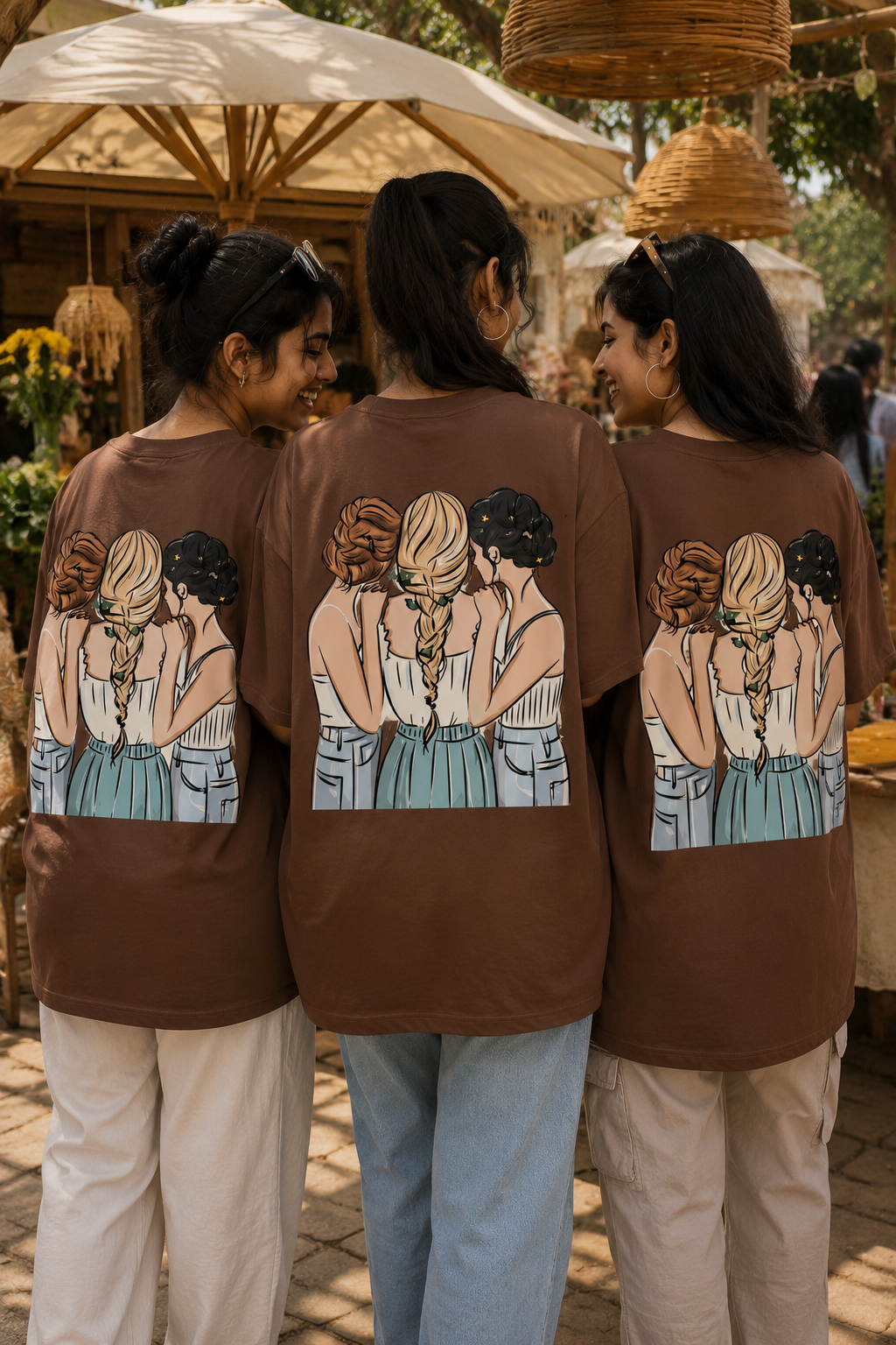 #BFFs Forever Women's Matching T-Shirts – Oversized, Coffee, shown on 3 friends, back view