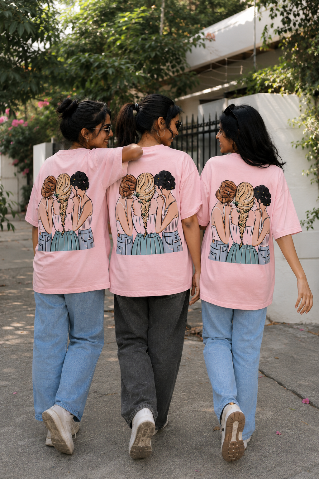 #BFFs Forever Women's Matching T-Shirts – Oversized, Baby Pink, shown on 3 friends, back view