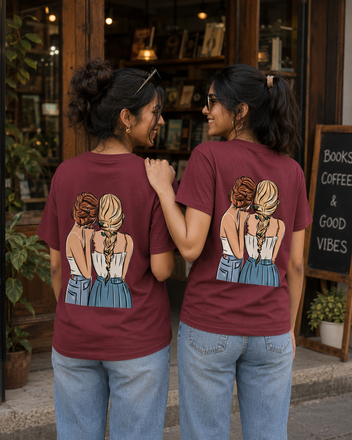 #BFFs Forever Women's Matching T-Shirts – Regular Fit, Maroon, shown on 2 friends, back view