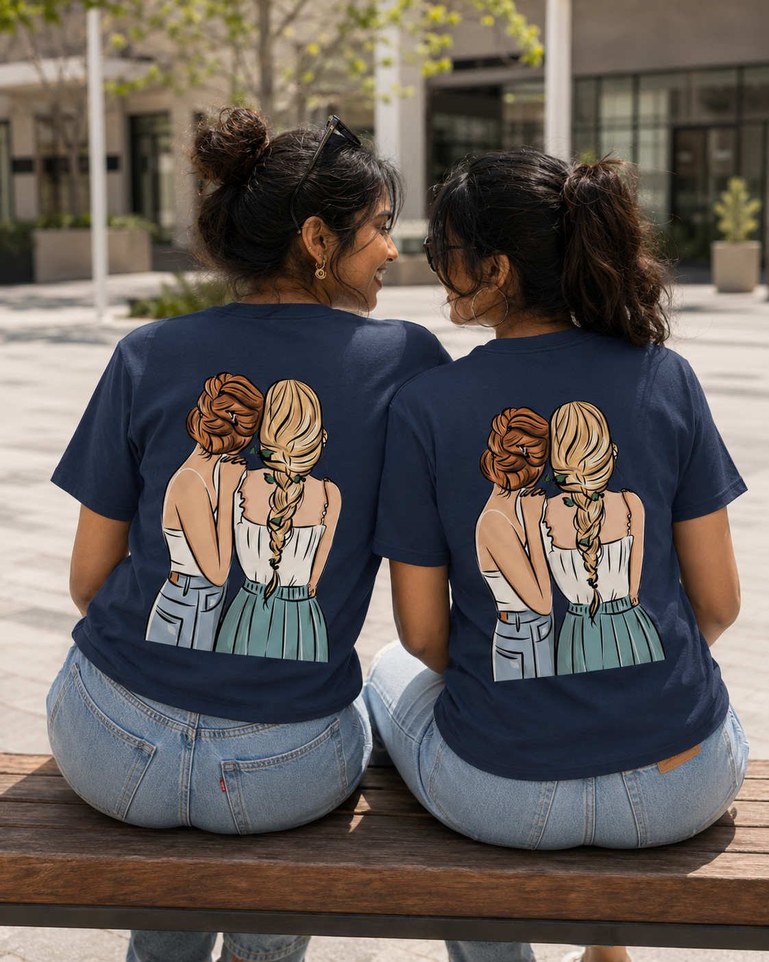 #BFFs Forever Women's Matching T-Shirts – Regular Fit, Navy Blue, shown on 2 friends, back view