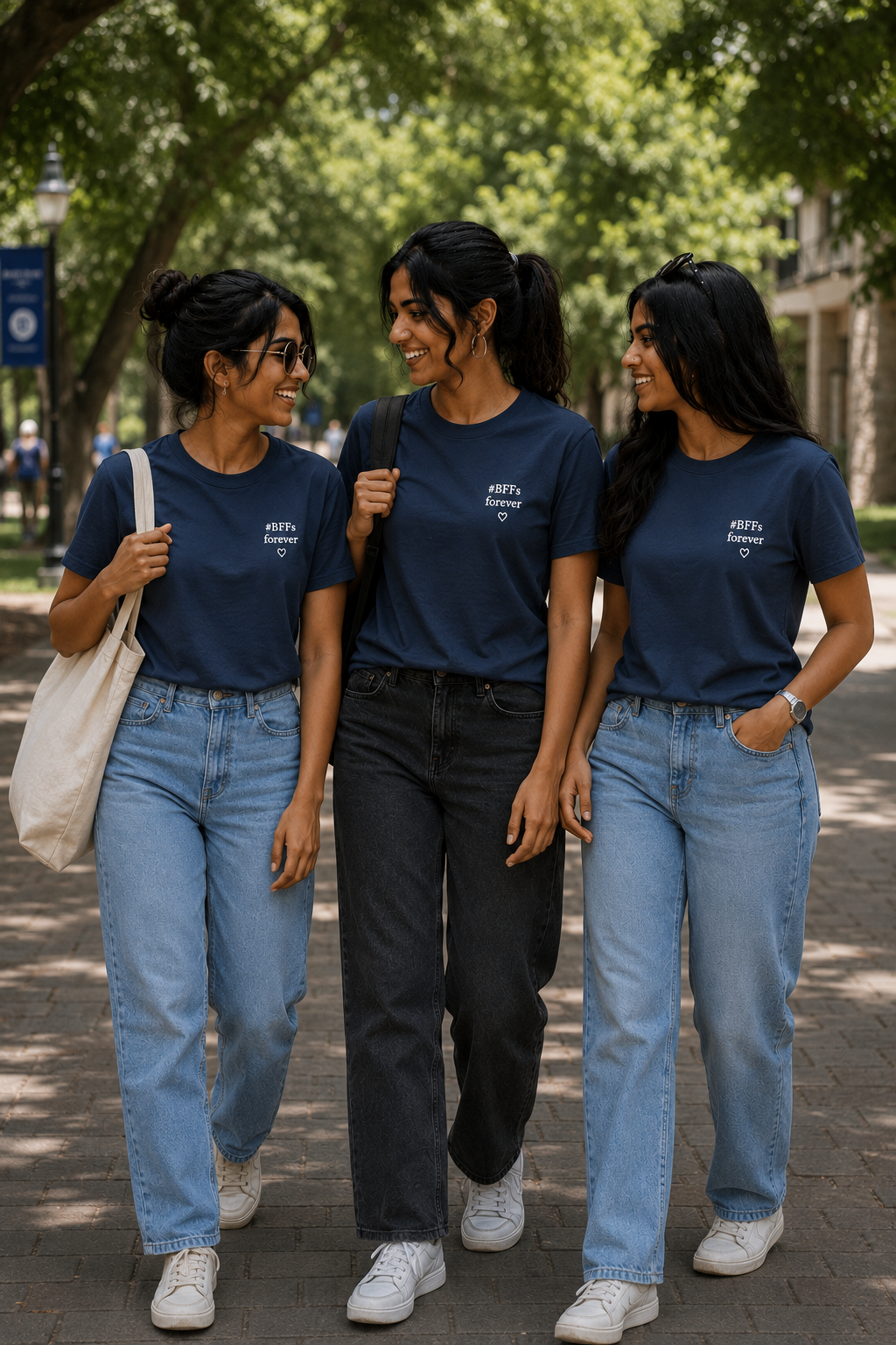 #BFFs Forever Women's Matching T-Shirts – Regular Fit, Navy Blue, shown on 2 friends, front view