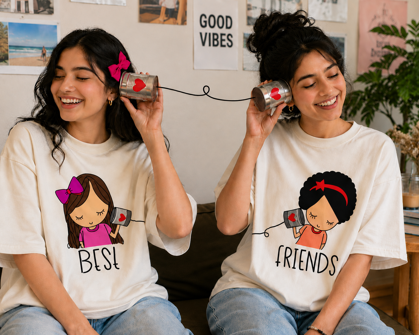 Best Friends Forever & Always Women's Matching T-Shirts – Oversized, Off White, shown on 2 friends