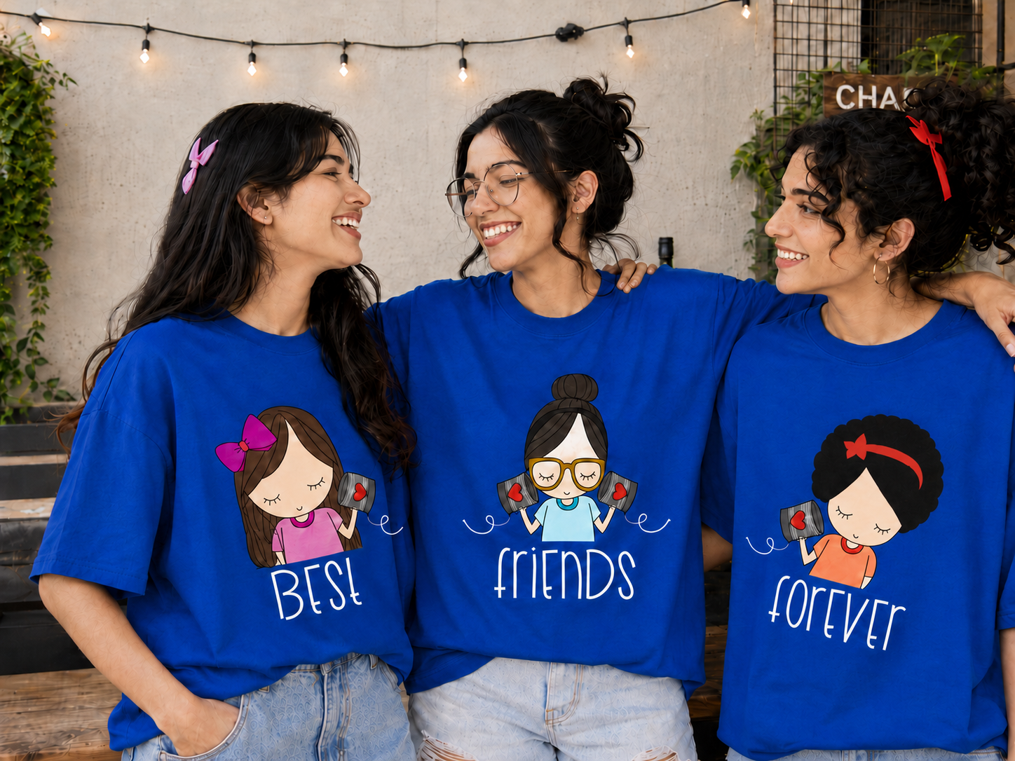 Best Friends Forever & Always Women's Matching T-Shirts – Oversized, Royal Blue, shown on 3 friends