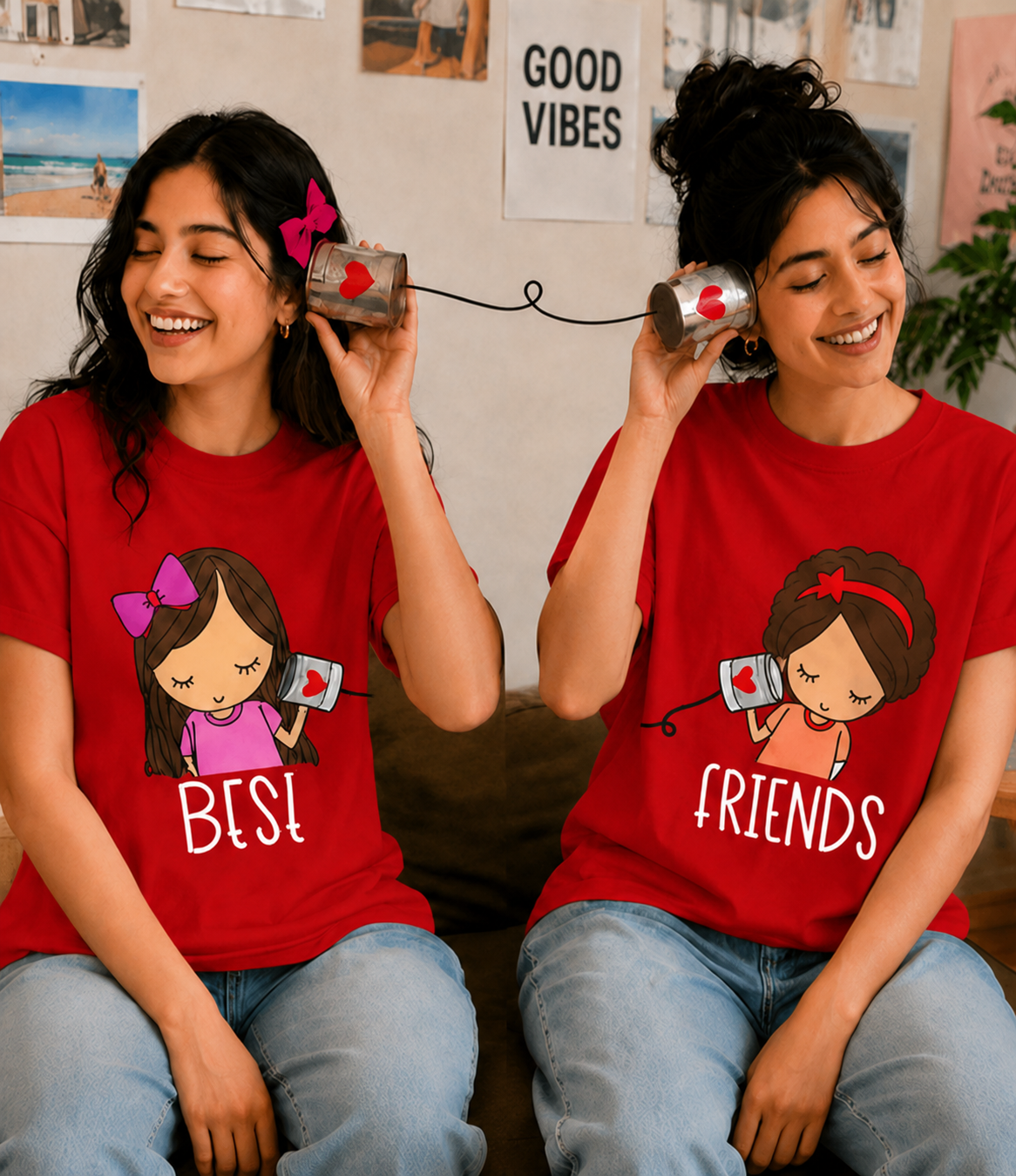 Best Friends Forever & Always Women's Matching T-Shirts – Regular Fit, Red, shown on 2 friends