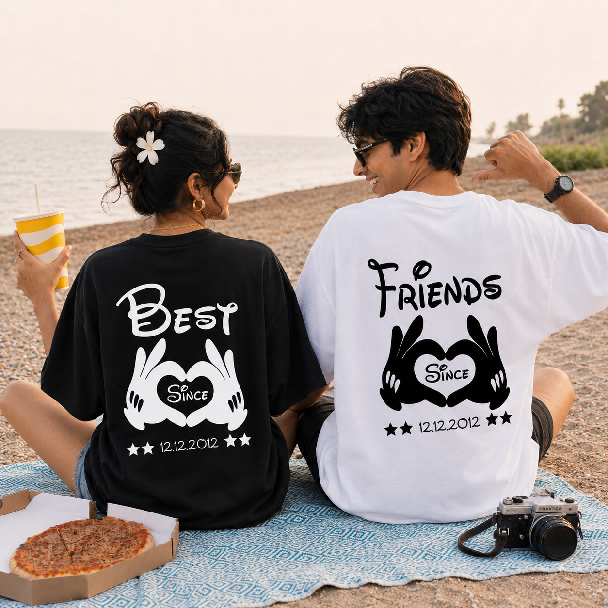 Best Friends Since Personalised Unisex Matching T-Shirts – Oversized, Black & White, back view, mixed-model view
