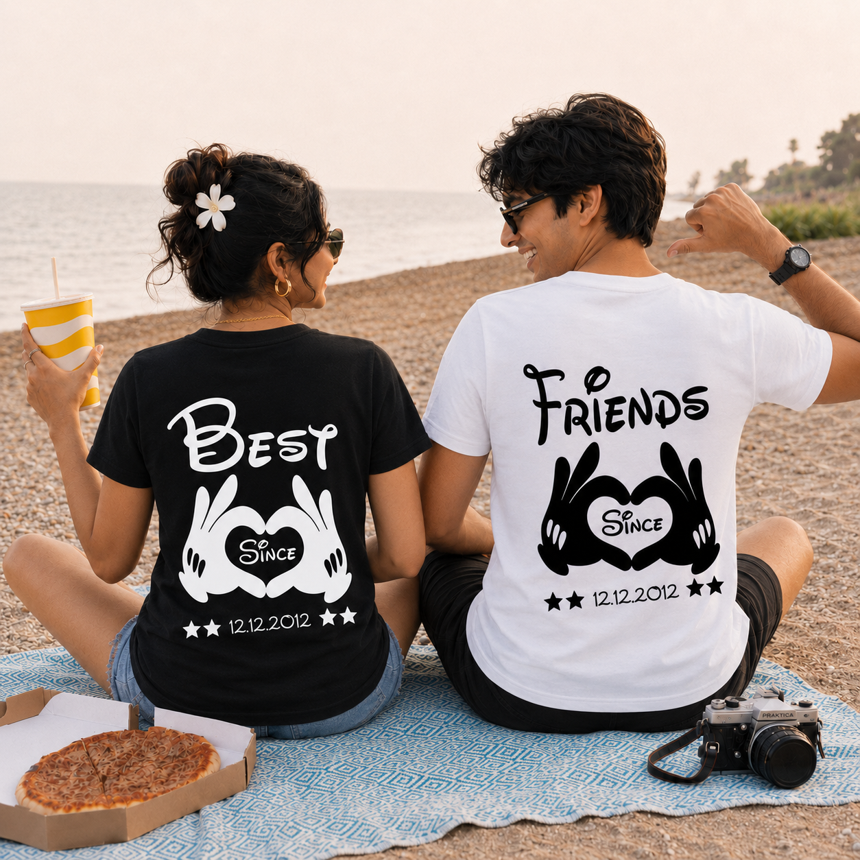 Best Friends Since Personalised Unisex Matching T-Shirts – Regular Fit, Black & White, back view, mixed-model view