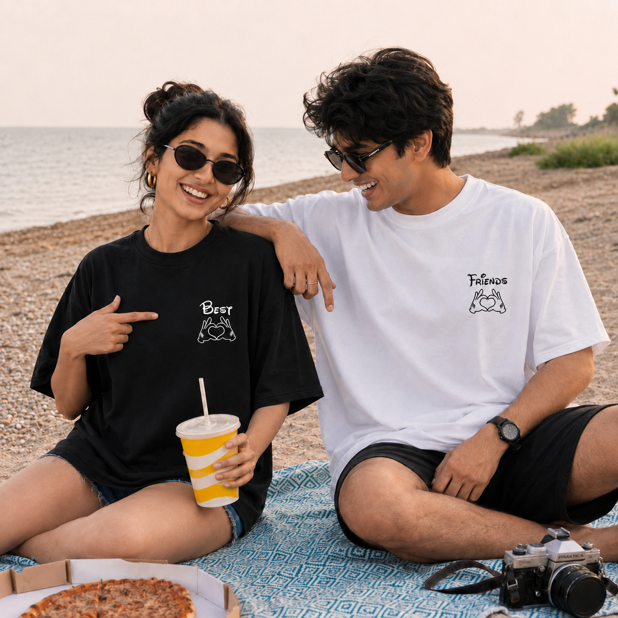 Best Friends Since Personalised Unisex Matching T-Shirts – Oversized, Black & White, front view, mixed-model view