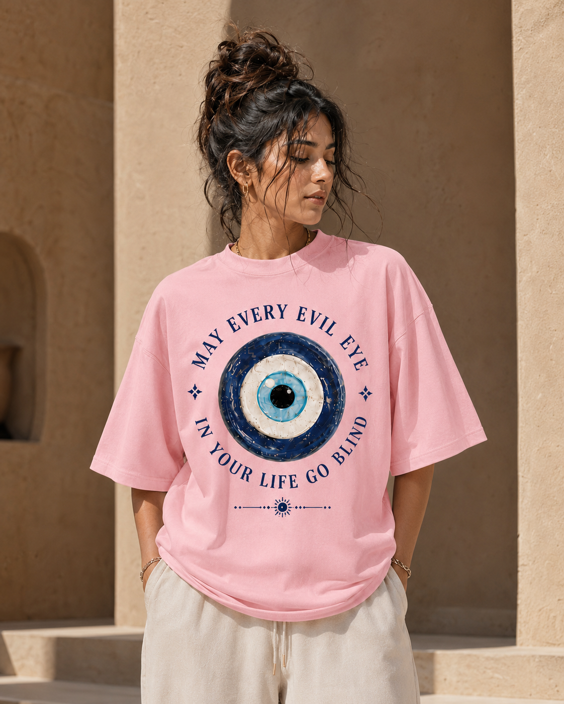 May Every Evil Eye Go Blind Oversized T-Shirt - Pink - Front/model