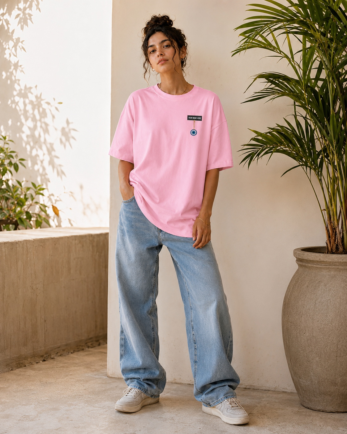 Personalised Nazar Charm Oversized T-Shirt - Pink - Front/model