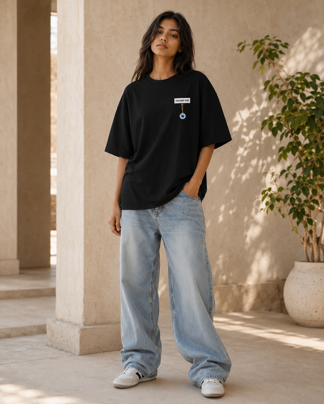 Personalised Nazar Charm Oversized T-Shirt - Black - Front/model