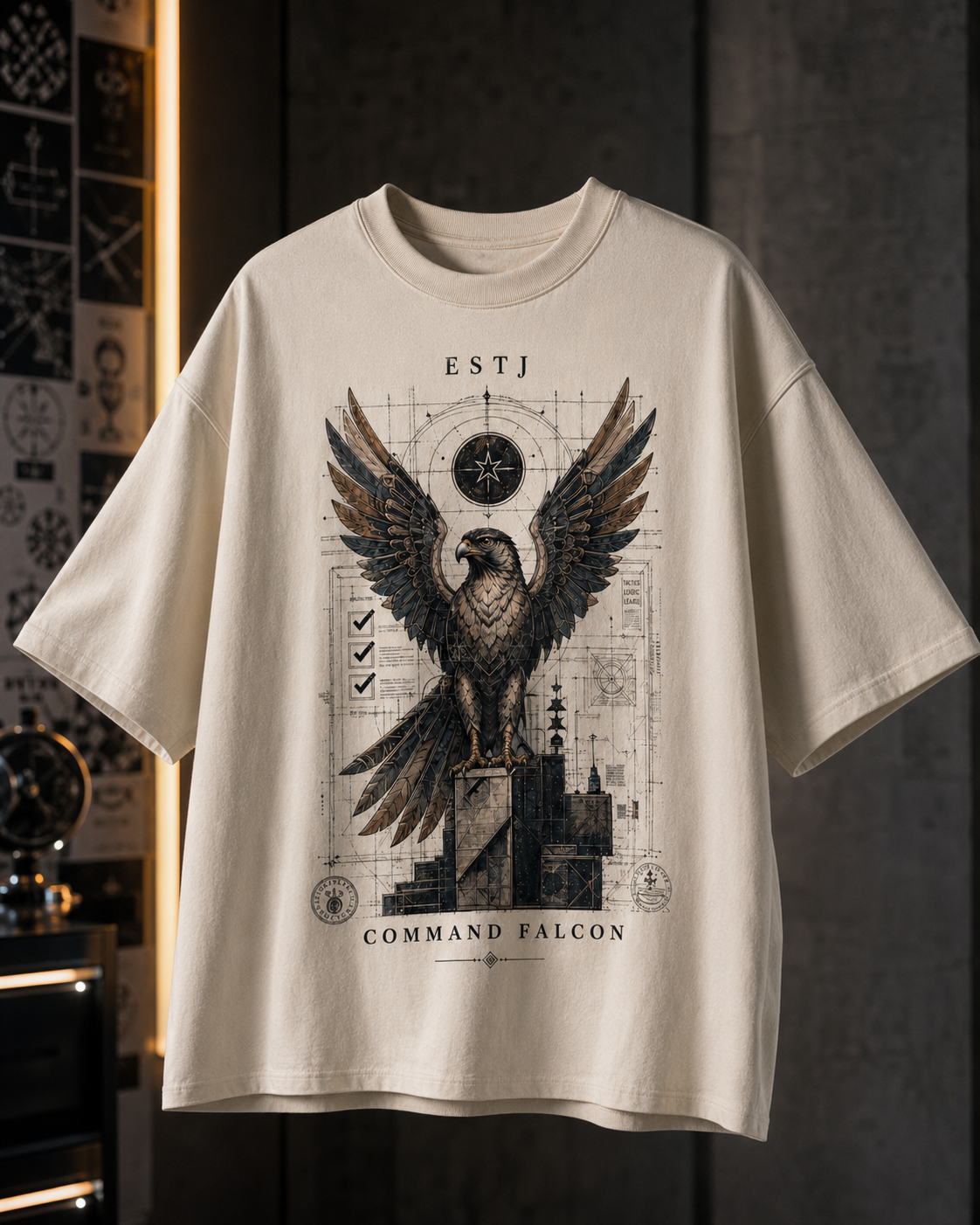 ESTJ Command Falcon flat product view in Off White - oversized 240 GSM French Terry t-shirt