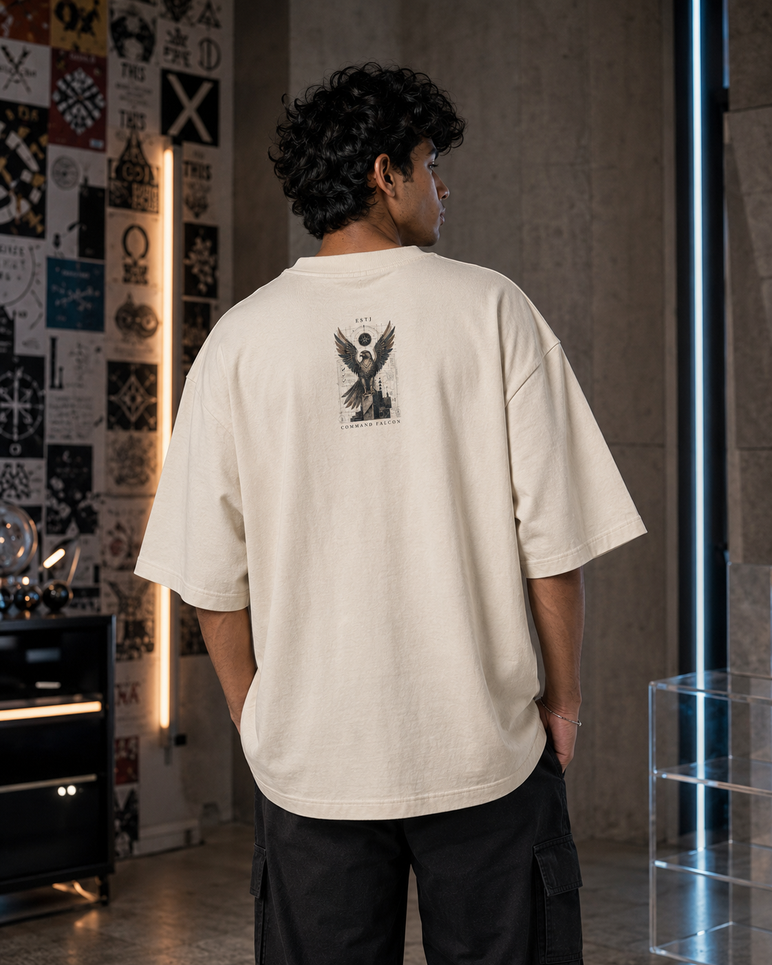 ESTJ Command Falcon back detail view in Off White - oversized 240 GSM French Terry t-shirt