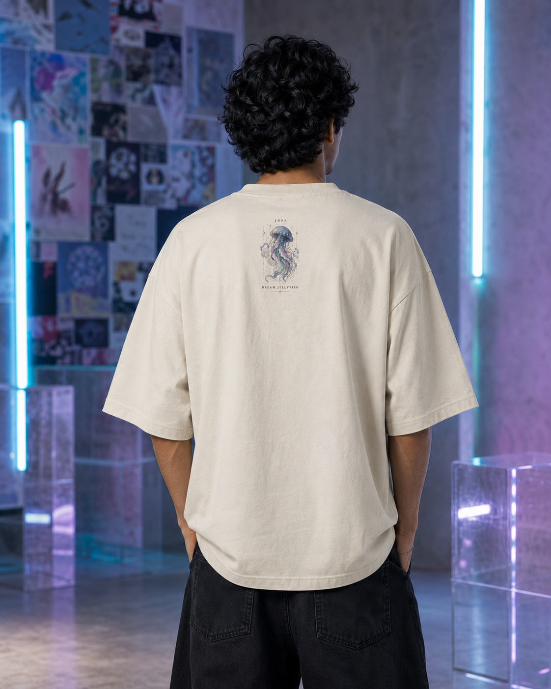 INFP Dream Jellyfish back detail view in Off White - oversized 240 GSM French Terry t-shirt