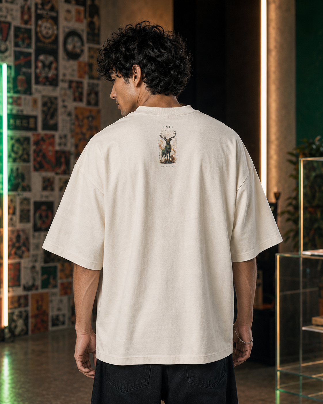 ENFJ Halo Stag back detail view in Off White - oversized 240 GSM French Terry t-shirt