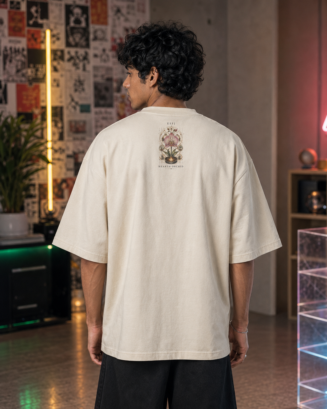ESFJ Hearth Orchid back detail view in Off White - oversized 240 GSM French Terry t-shirt