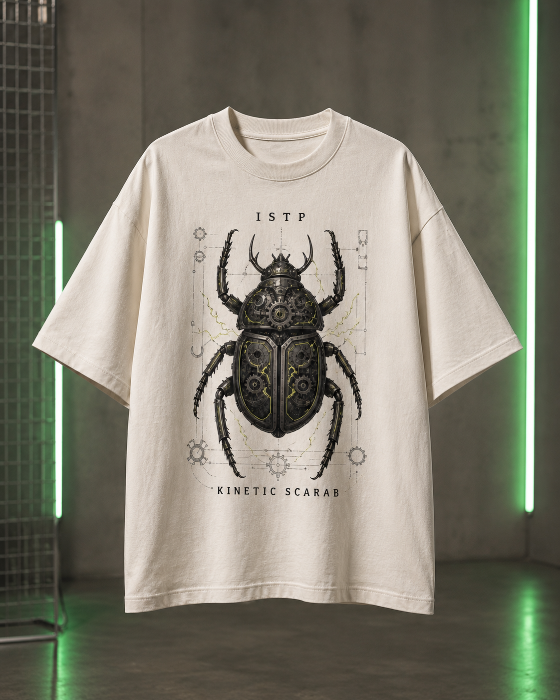 ISTP Kinetic Scarab flat product view in Off White - oversized 240 GSM French Terry t-shirt