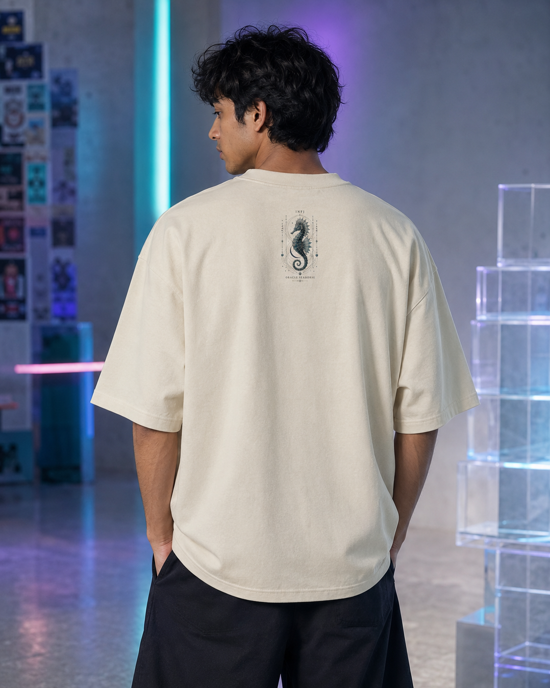 INFJ Oracle Seahorse back detail view in Off White - oversized 240 GSM French Terry t-shirt