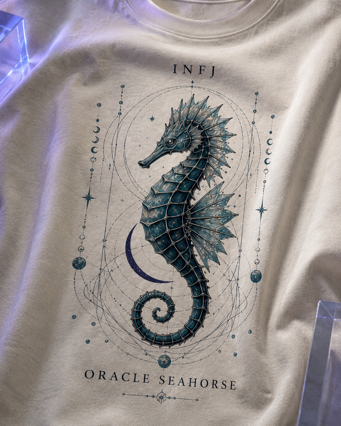 INFJ Oracle Seahorse artwork close-up in Off White - oversized 240 GSM French Terry t-shirt
