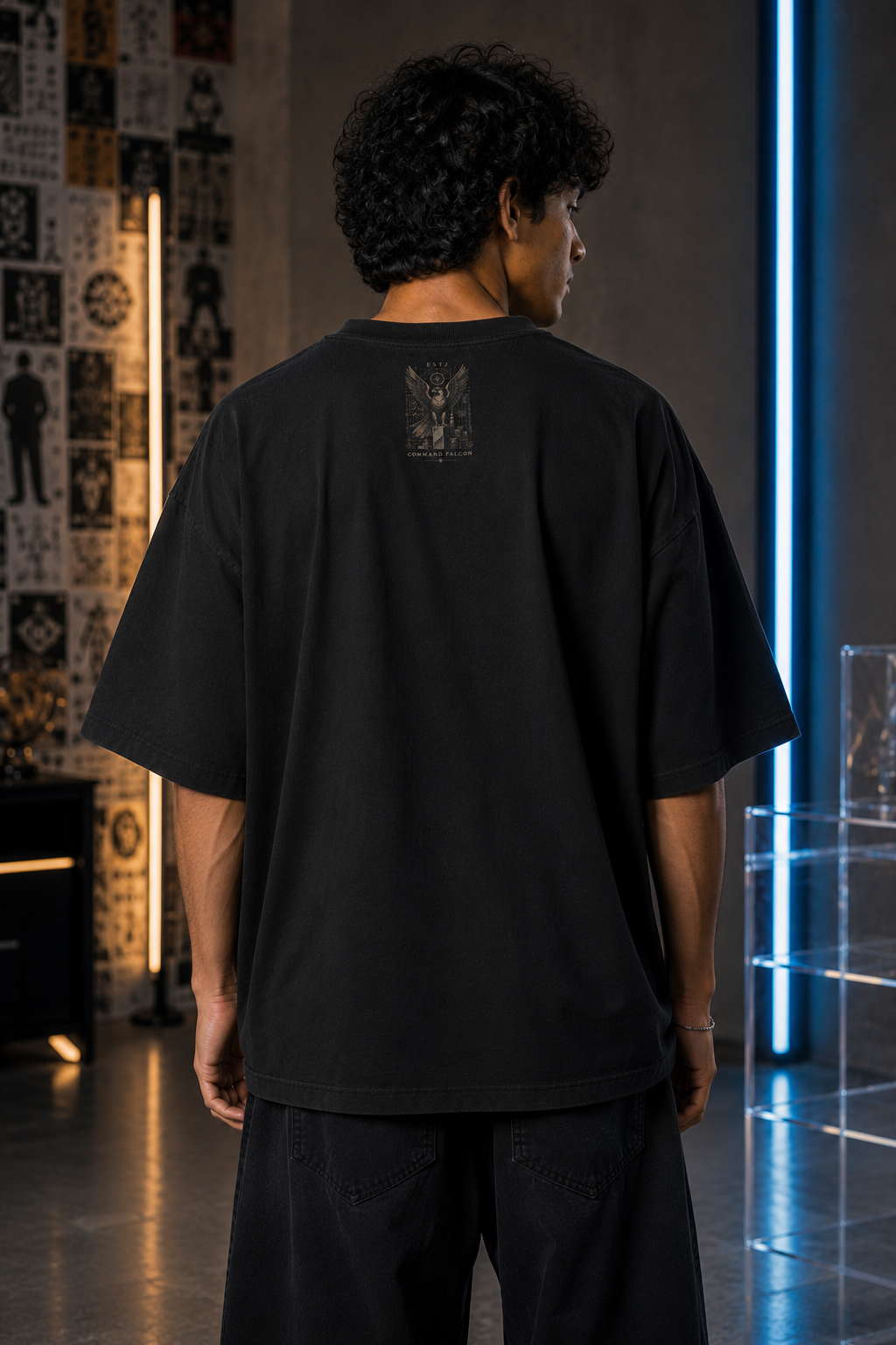 ESTJ Command Falcon back detail view in Black - oversized 240 GSM French Terry t-shirt