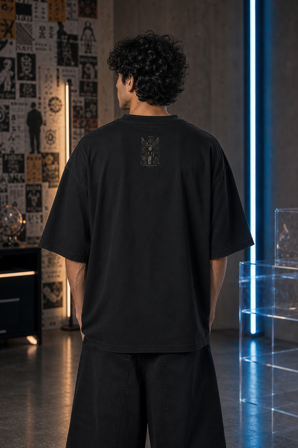 ESTJ Command Falcon back detail view in Black - oversized 240 GSM French Terry t-shirt