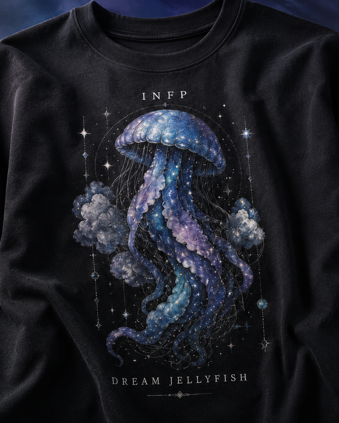 INFP Dream Jellyfish artwork close-up in Black - oversized 240 GSM French Terry t-shirt