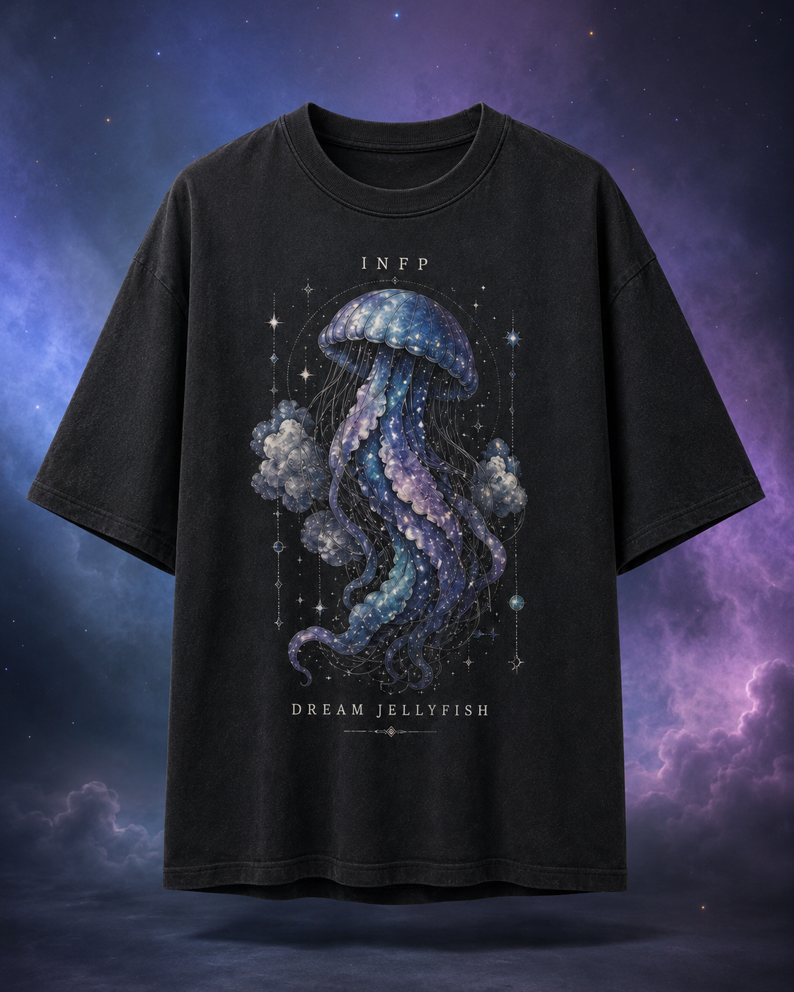 INFP Dream Jellyfish flat product view in Black - oversized 240 GSM French Terry t-shirt