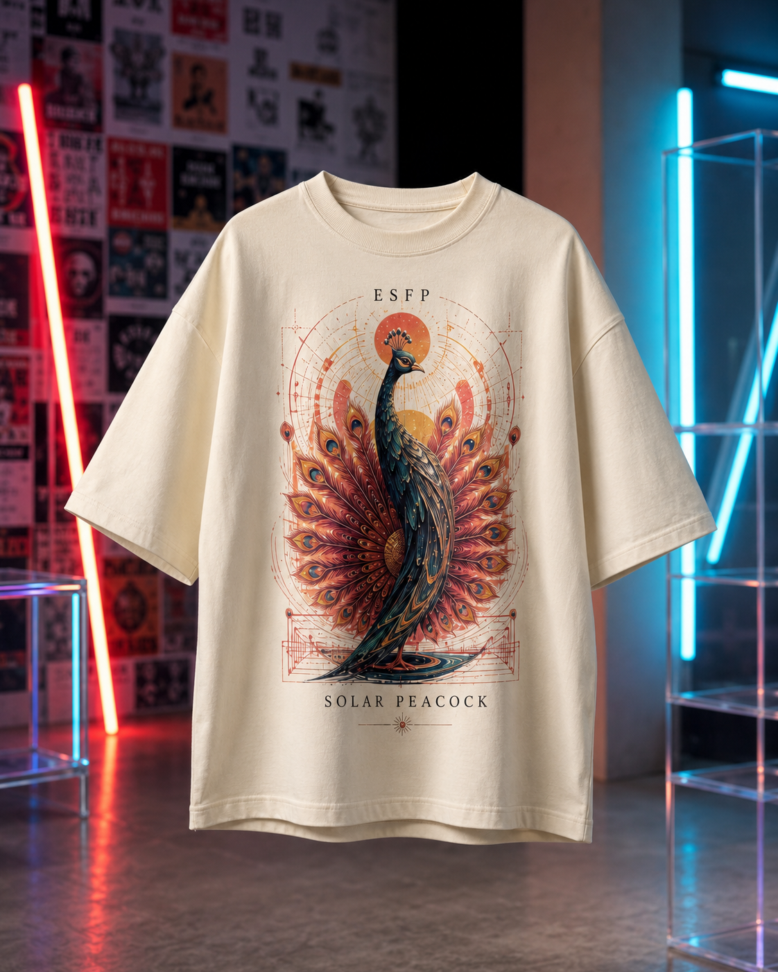 ESFP Solar Peacock flat product view in Off White - oversized 240 GSM French Terry t-shirt