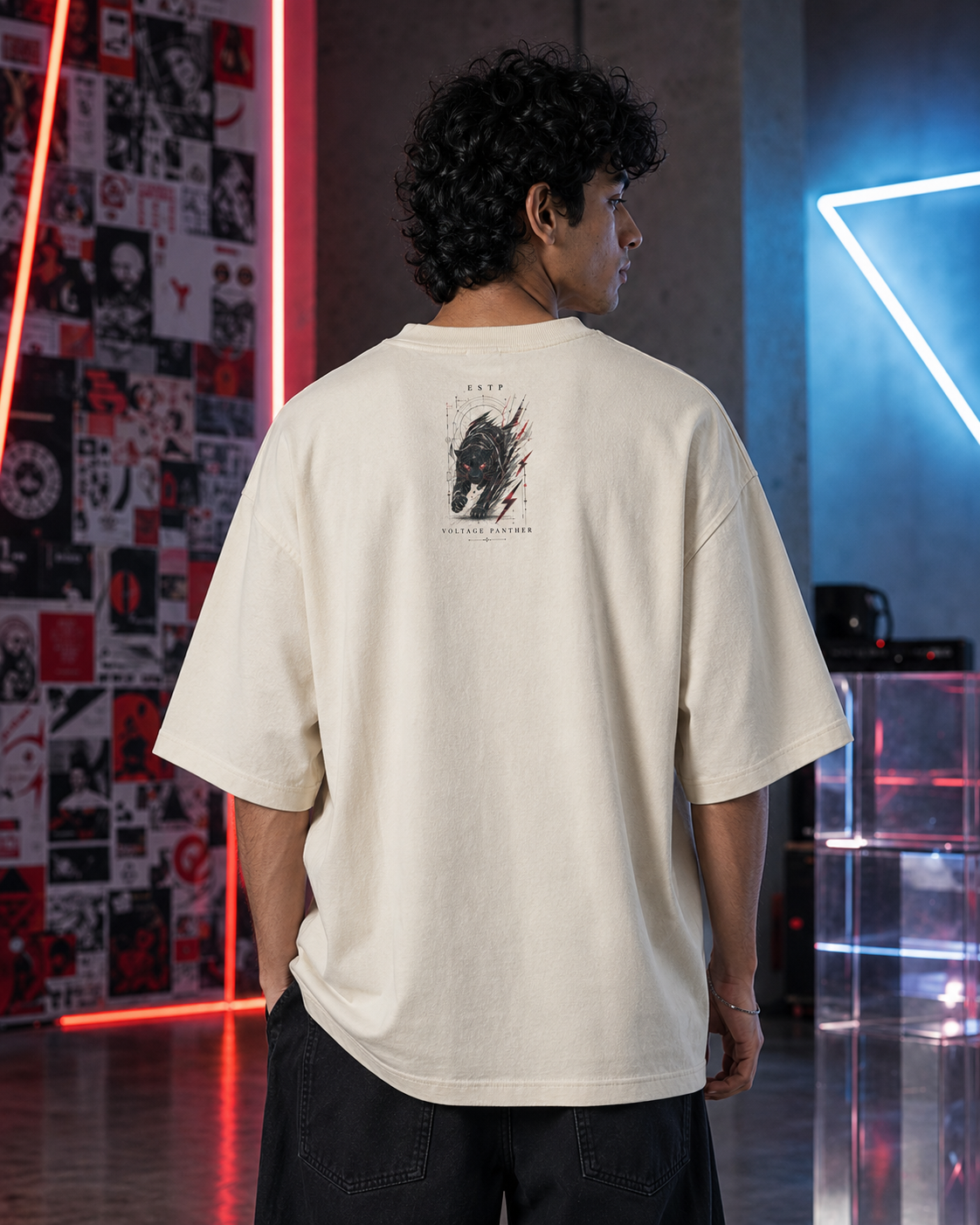 ESTP Voltage Panther back detail view in Off White - oversized 240 GSM French Terry t-shirt