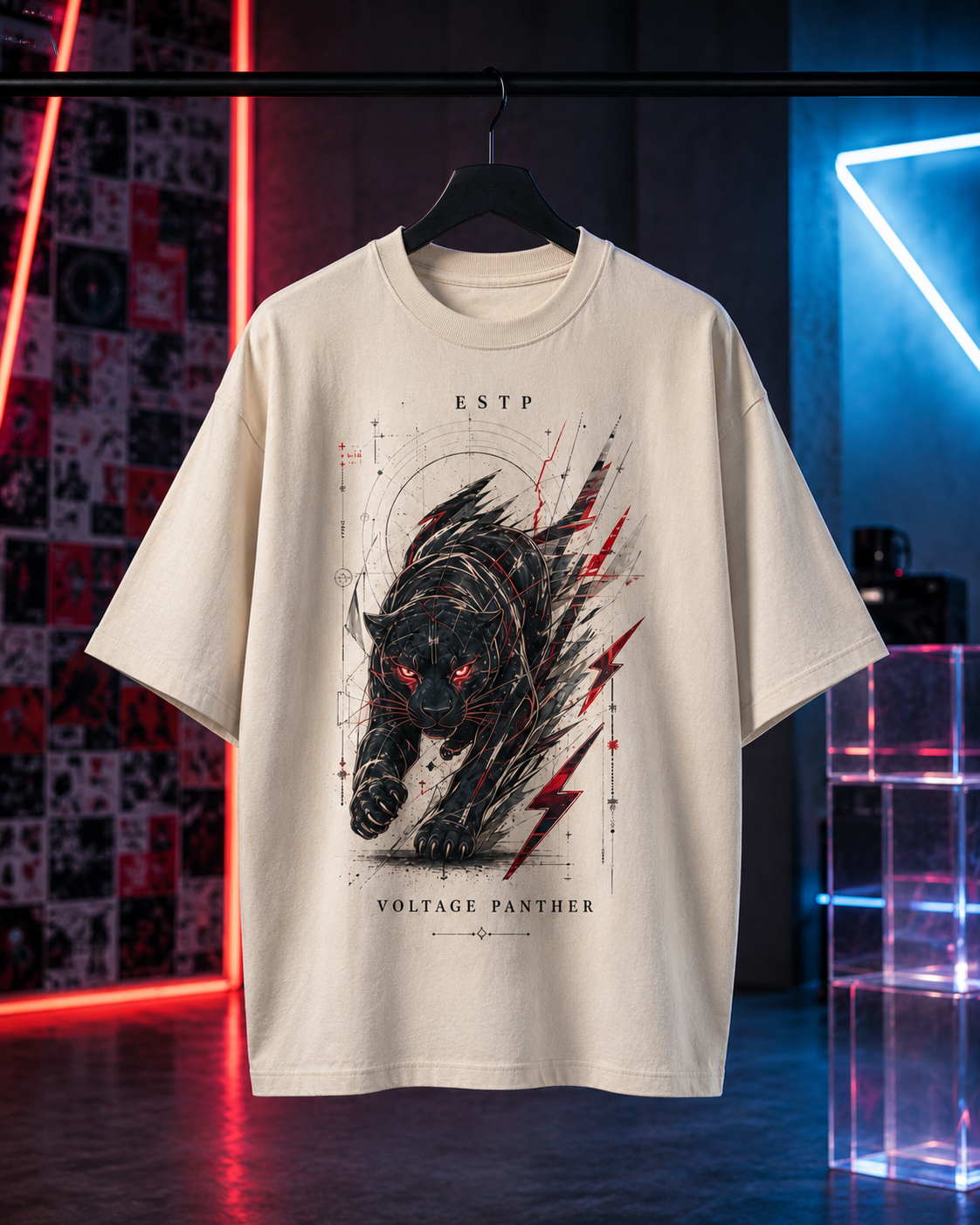 ESTP Voltage Panther flat product view in Off White - oversized 240 GSM French Terry t-shirt