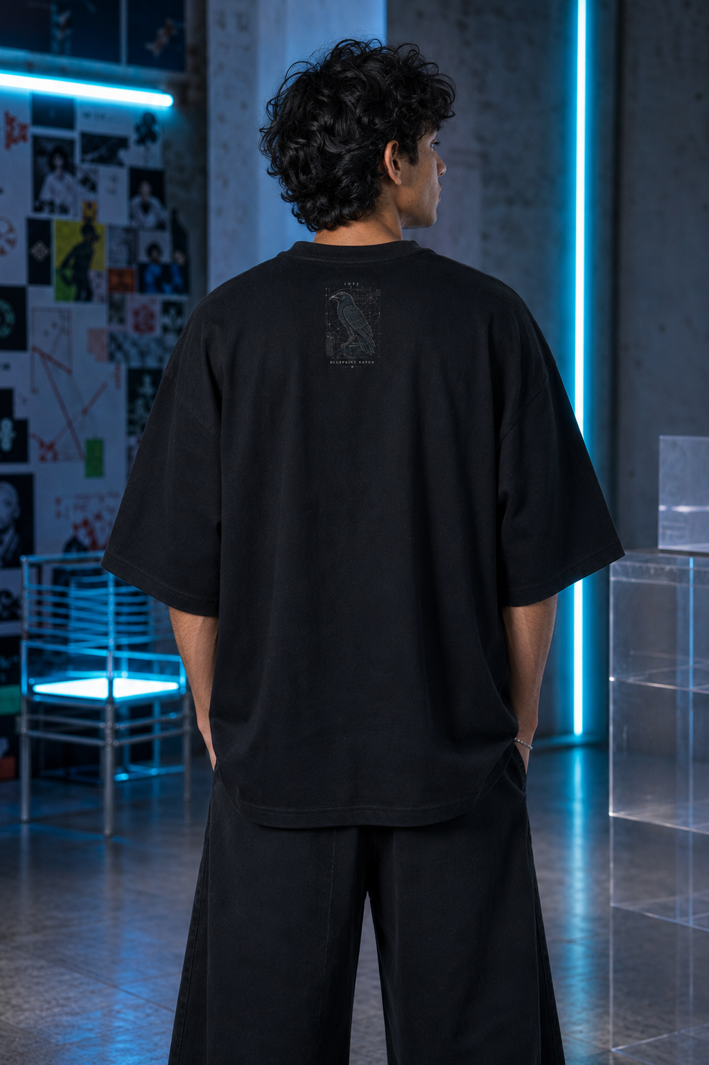 INTJ Blueprint Raven back detail view in Black - oversized 240 GSM French Terry t-shirt