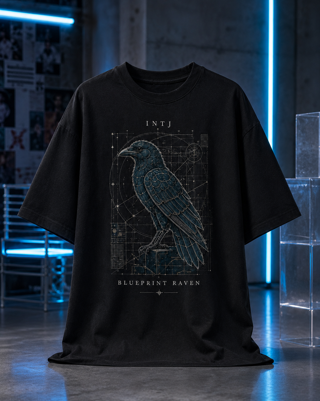 INTJ Blueprint Raven flat product view in Black - oversized 240 GSM French Terry t-shirt