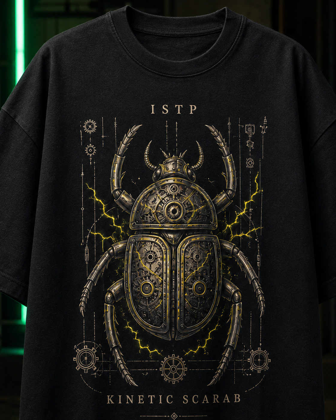 ISTP Kinetic Scarab artwork close-up in Black - oversized 240 GSM French Terry t-shirt
