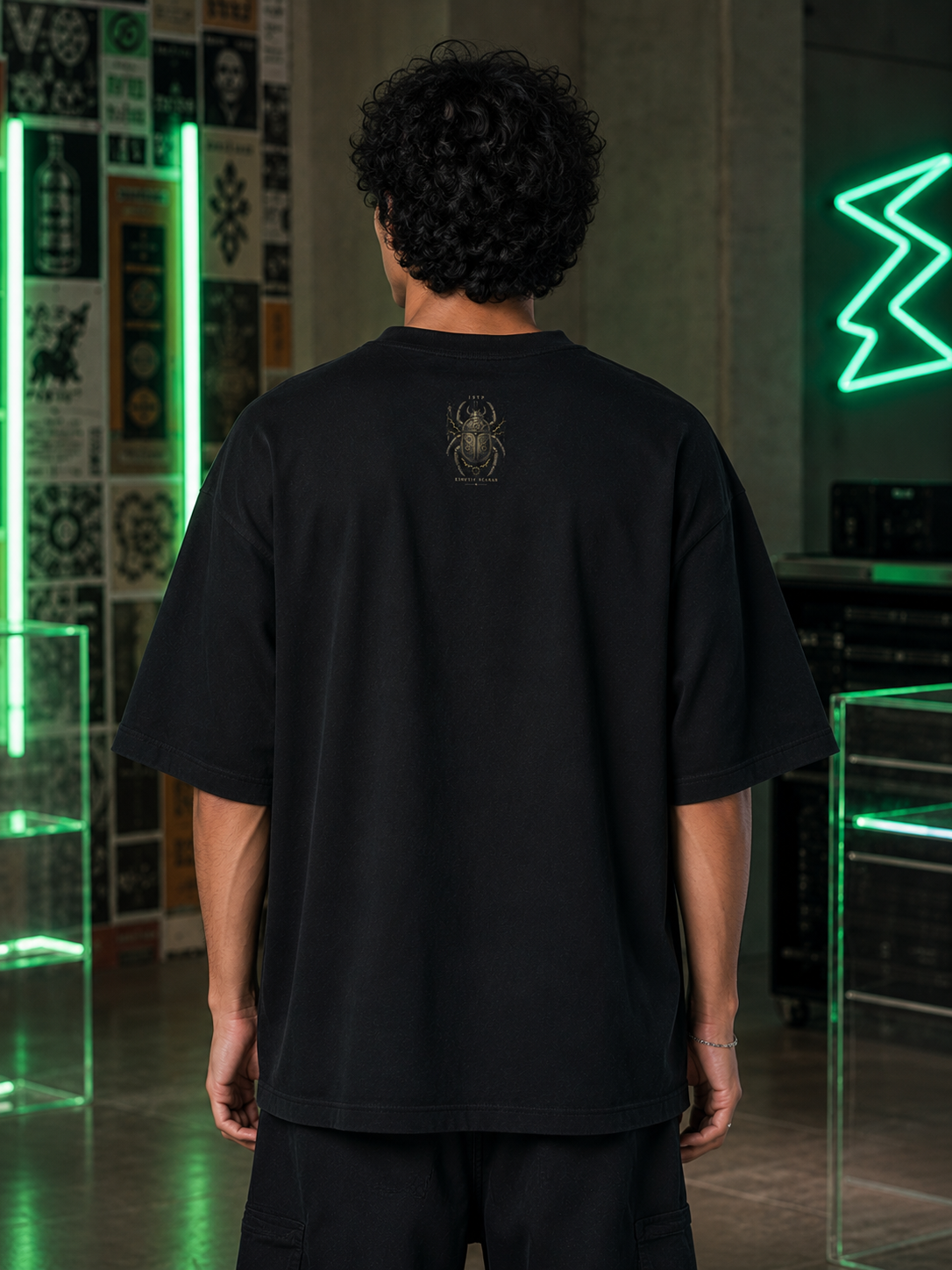 ISTP Kinetic Scarab back detail view in Black - oversized 240 GSM French Terry t-shirt