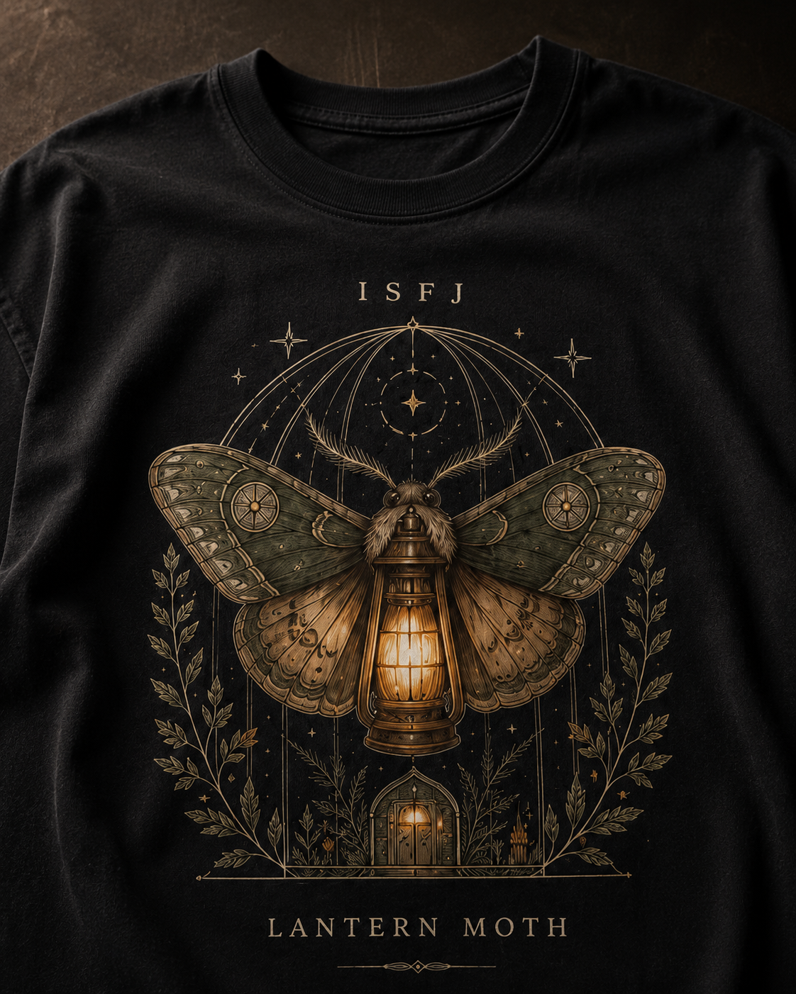 ISFJ Lantern Moth artwork close-up in Black - oversized 240 GSM French Terry t-shirt