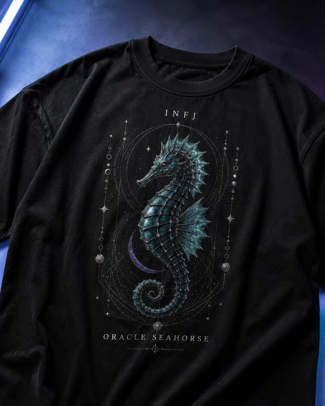 INFJ Oracle Seahorse artwork close-up in Black - oversized 240 GSM French Terry t-shirt