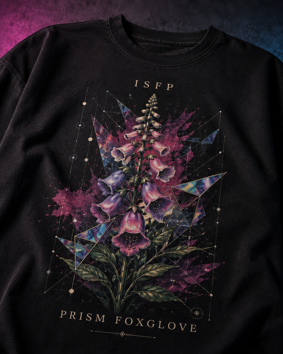 ISFP Prism Foxglove artwork close-up in Black - oversized 240 GSM French Terry t-shirt