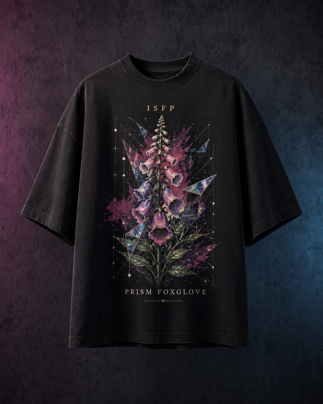 ISFP Prism Foxglove flat product view in Black - oversized 240 GSM French Terry t-shirt