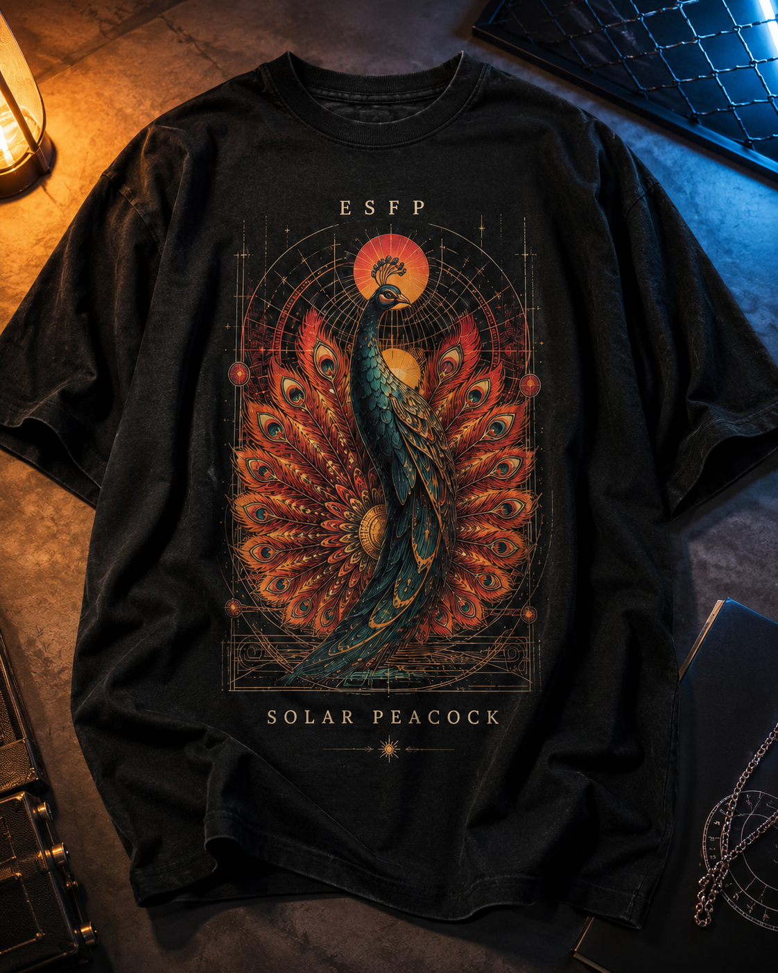 ESFP Solar Peacock artwork close-up in Black - oversized 240 GSM French Terry t-shirt