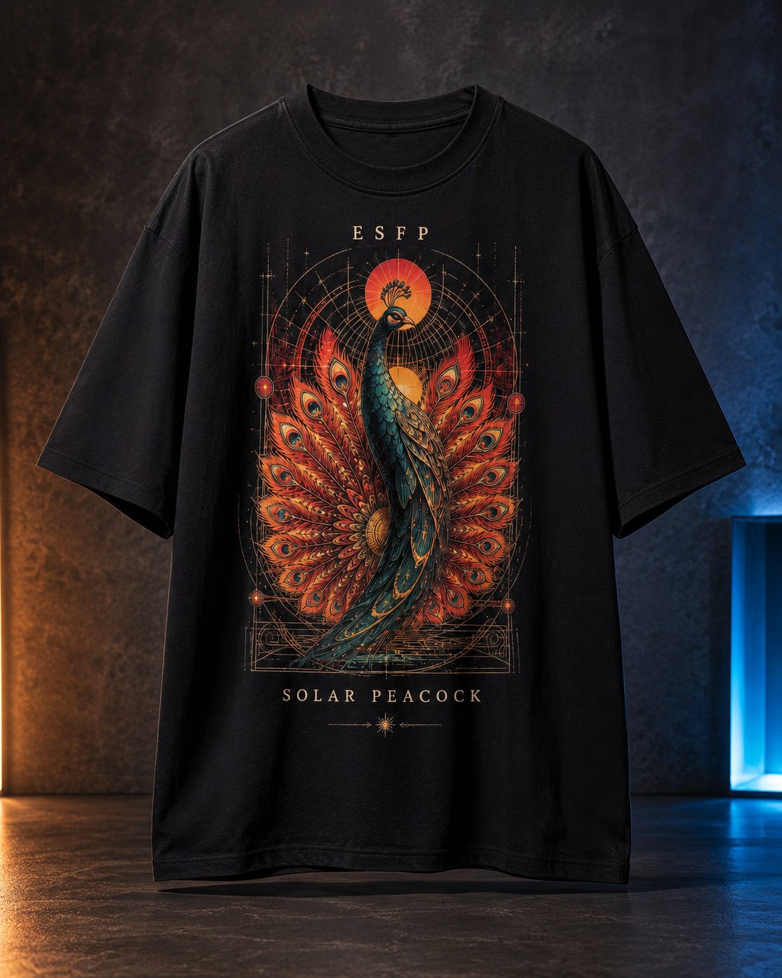 ESFP Solar Peacock flat product view in Black - oversized 240 GSM French Terry t-shirt