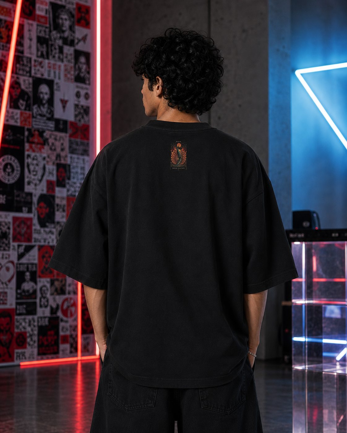 ESFP Solar Peacock back detail view in Black - oversized 240 GSM French Terry t-shirt