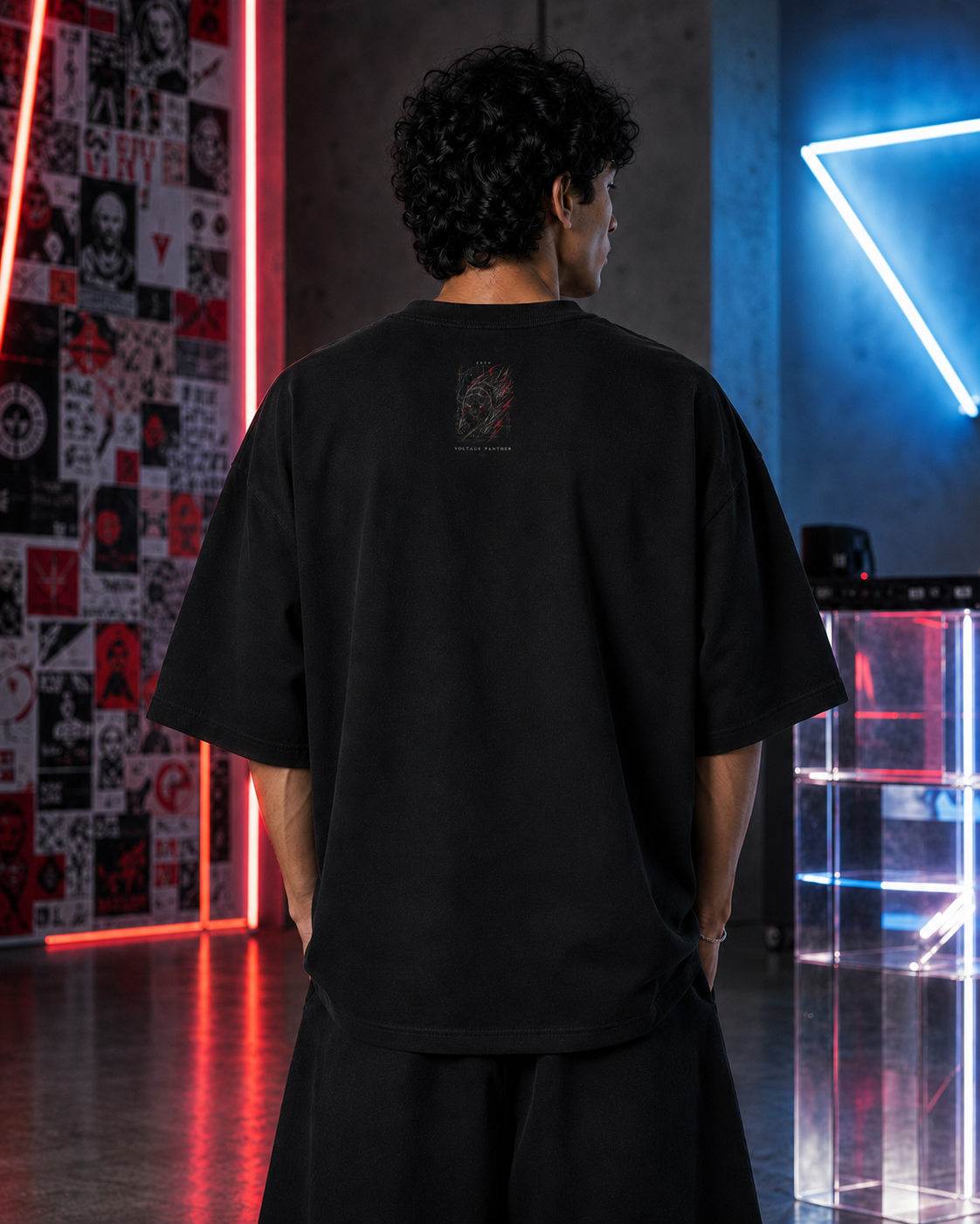 ESTP Voltage Panther back detail view in Black - oversized 240 GSM French Terry t-shirt