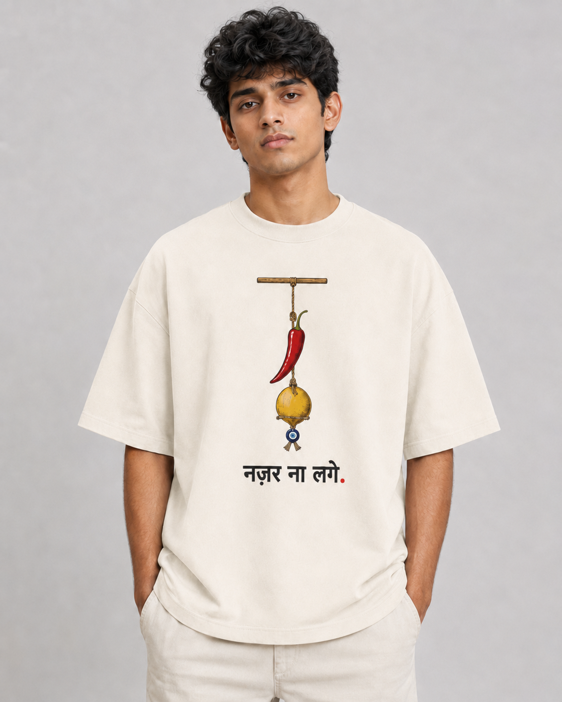 Mirchi Nazar Totka Oversized T-Shirt - Off White - Front/model