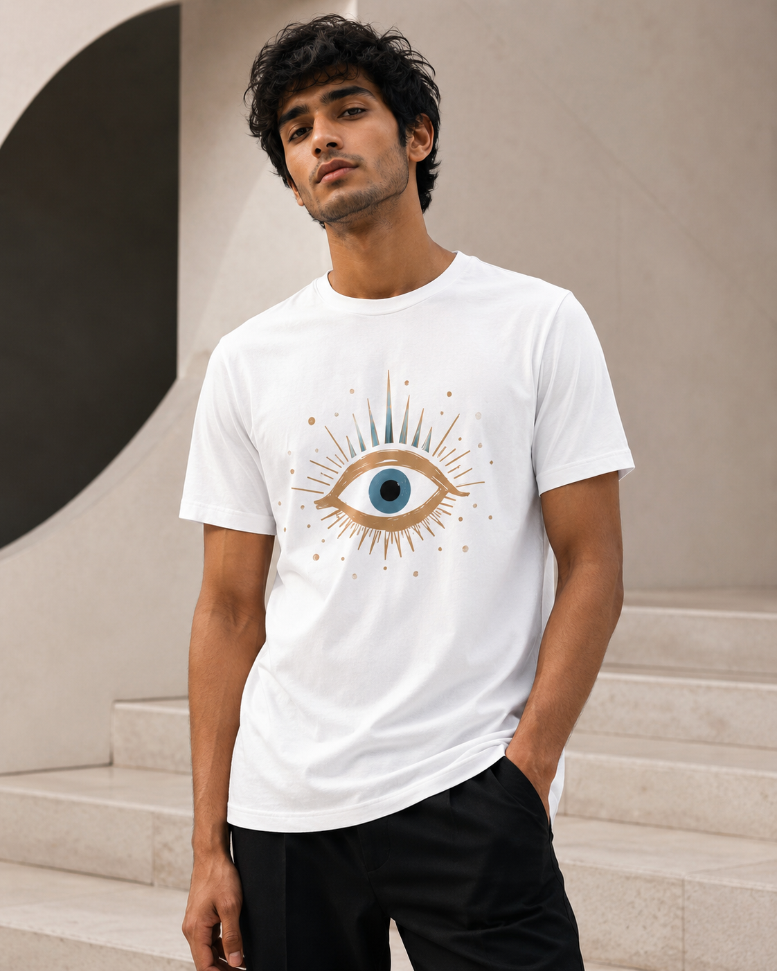 Golden Evil Eye Regular T-Shirt - White - Front/model