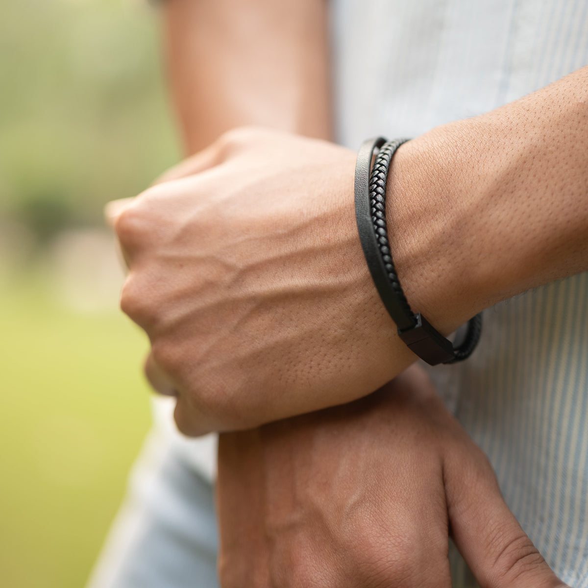 Black Two Layered Leather Bracelet for Men