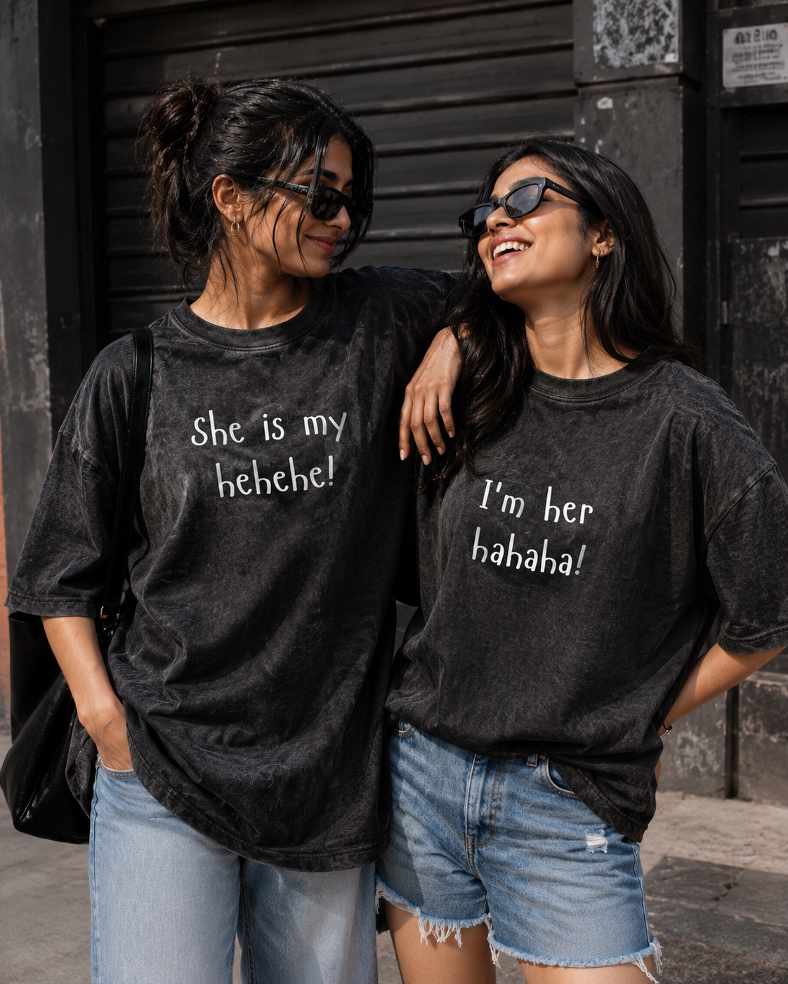 She Is My Hehehe / I'm Her Hahaha Unisex Matching T-Shirts – Oversized, Acid Washed, product view