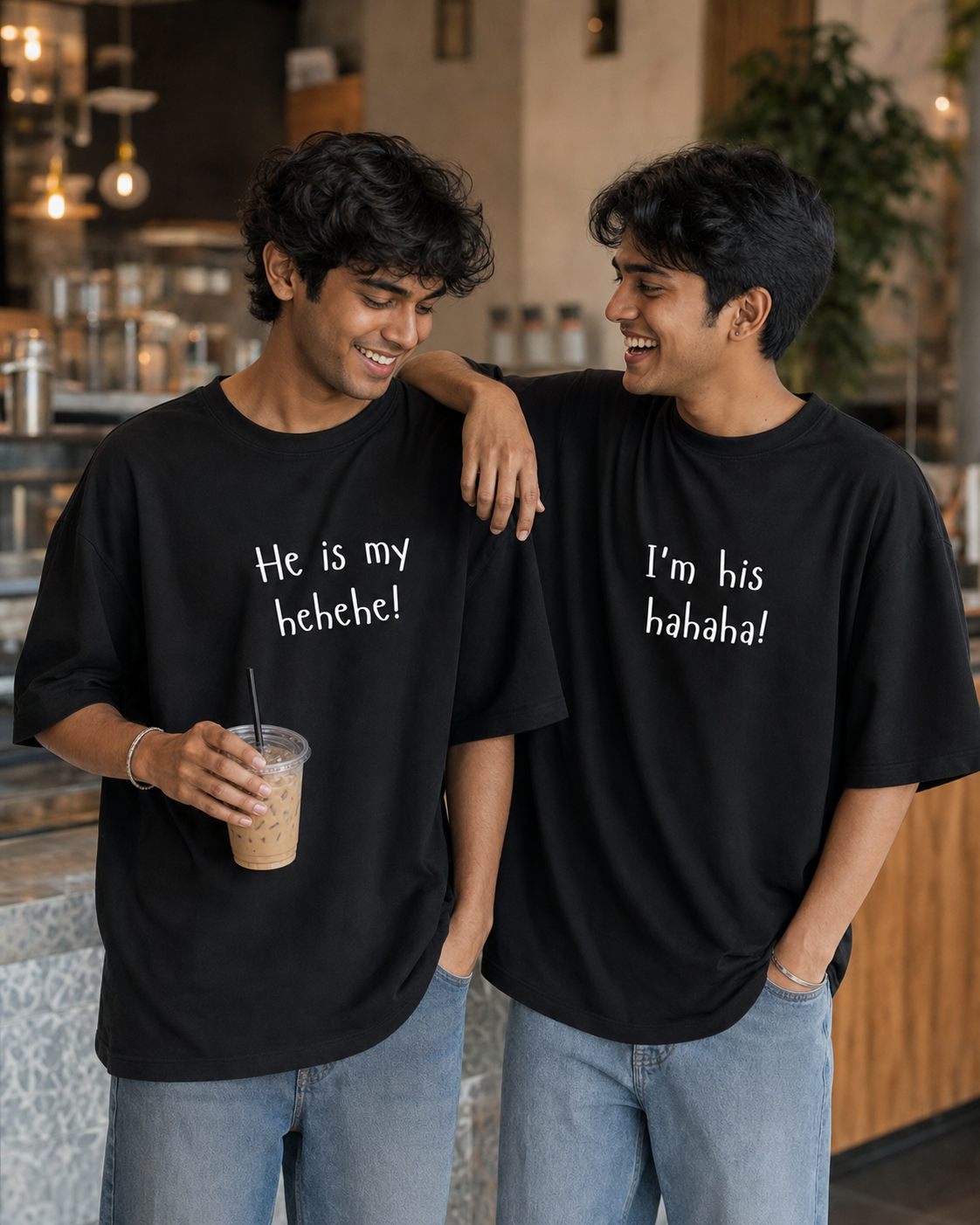 She Is My Hehehe / I'm Her Hahaha Unisex Matching T-Shirts – Oversized, Black, men's model view