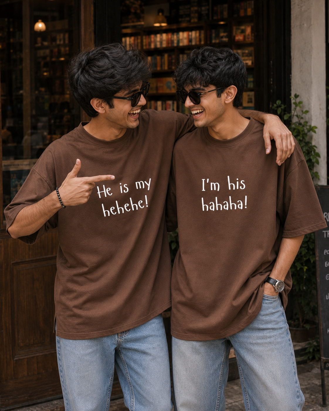 She Is My Hehehe / I'm Her Hahaha Unisex Matching T-Shirts – Oversized, Coffee, men's model view